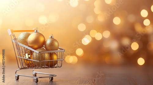 small shopping cart filled with golden Christmas ornaments sits on wooden surface, with warm, glowing bokeh background