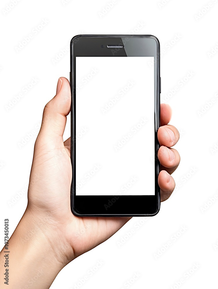 Hand holding smartphone with blank white screen on white background Hand holding smartphone with blank white screen on white background