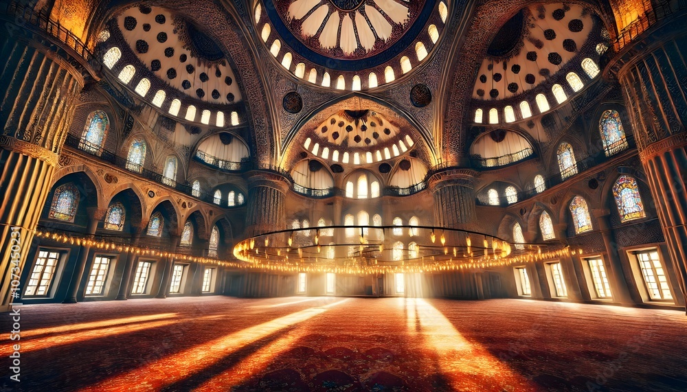 Obraz premium The majestic interior of the Blue Mosque in Istanbul, capturing its intricate blue and gold motifs, grand chandeliers, and the spiritual ambiance.