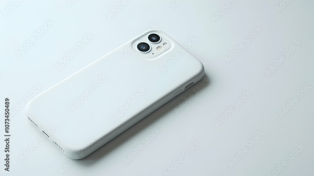 White smartphone with a white case lying on a white surface. White smartphone with a white case lying on a white surface.