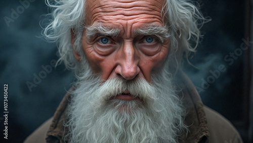 A man with a long white beard and blue eyes