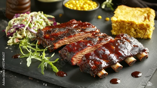 Barbecue ribs with honey glaze, coleslaw, and cornbread on slate plate