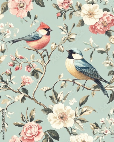 A seamless vintage wallpaper pattern featuring delicate birds and flowers in a Victorian-inspired style, with soft pastel colors and fine line details that evoke the charm of a bygone era