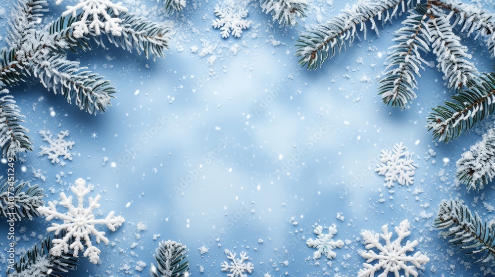 A Wintery Frame of Snowy Pine Branches and Delicate Snowflakes on a Blue Background A Wintery Frame of Snowy Pine Branches and Delicate Snowflakes on a Blue Background