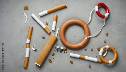 Breaking Free: A Lifebuoy and Cigarette Butts as Symbols of Health and Resilience on World No-Tobacco Day photo