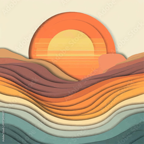 Illustration d’un coucher de soleil ondulé en découpage de papier
