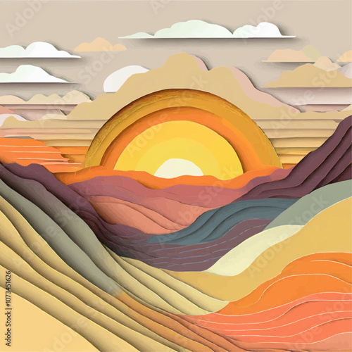Paysage abstrait de coucher de soleil en couches de papier coloré
