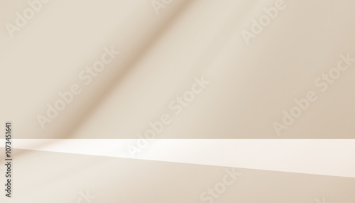 Background Beige Wall Studio Room and White Light,Shadow on Podium for Cosmetic Product,Interior Kitchen with blur cream color gradient,3d Backdrop scene banner with sunlight on floor texture