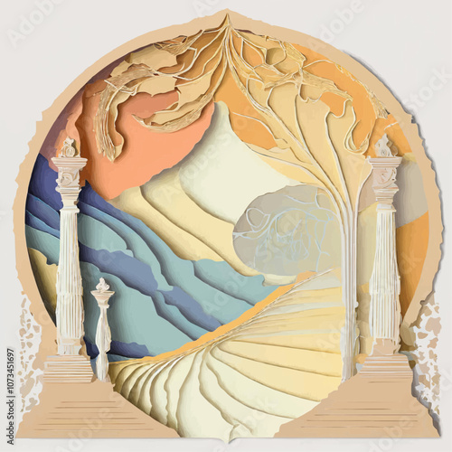 Paysage abstrait avec colonnes classiques et arbre en papier découpé
