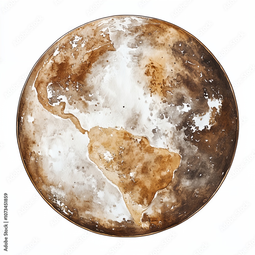 A painting of a planet with a brown and white swirl pattern. The planet is surrounded by a white circle A painting of a planet with a brown and white swirl pattern. The planet is surrounded by a white circle