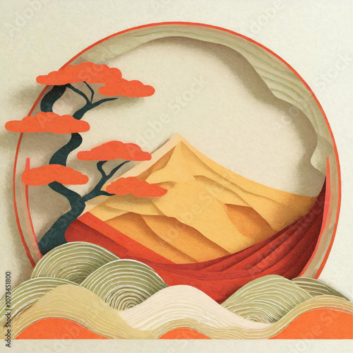 Montagne stylisée avec arbre rouge en découpage de papier

