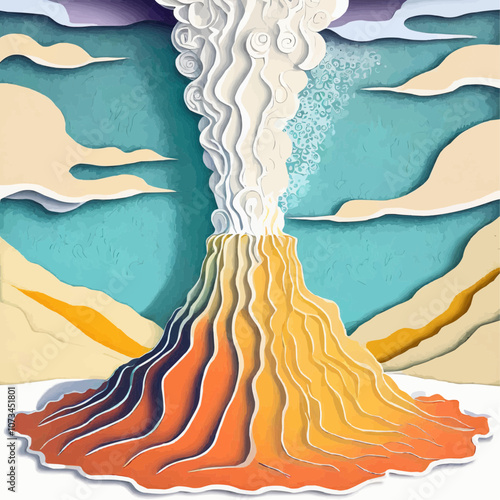 Éruption volcanique stylisée avec nuages et fumée en découpage de papier
