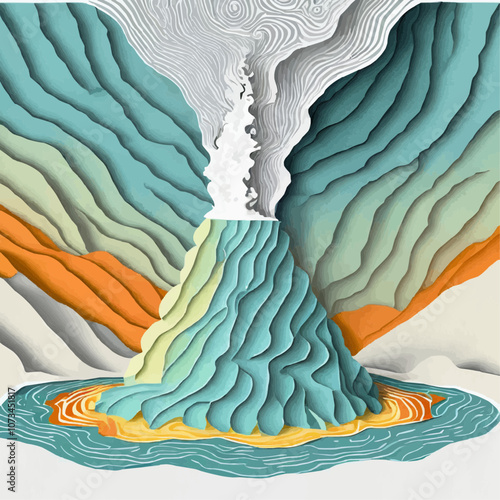 Éruption volcanique stylisée avec formes colorées en papier découpé
