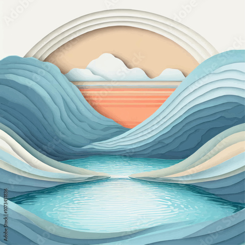 Paysage lacustre stylisé avec collines en papier découpé
