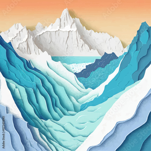 Montagnes enneigées et glacier sous un ciel orange en découpage de papier
