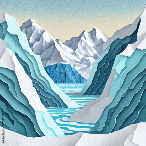 Paysage glacé avec montagnes et vallée en papier découpé
