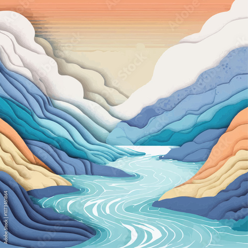 Rivière sinueuse dans des montagnes colorées en papier
