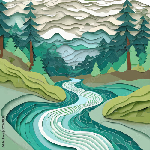 Rivière sinueuse dans une forêt dense en découpage de papier
