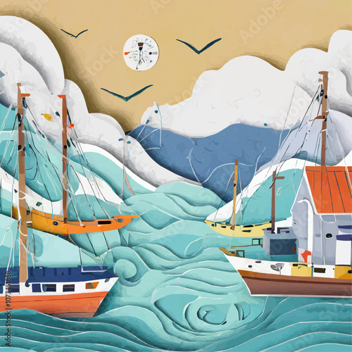 Bateaux de pêche colorés sur une mer agitée en découpage de papier
