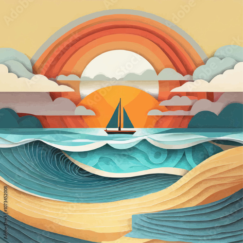 Voilier sur l’océan avec arc-en-ciel et coucher de soleil en découpage de papier
