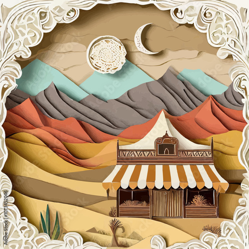 Tente orientale avec montagnes en arrière-plan et lune croissante
