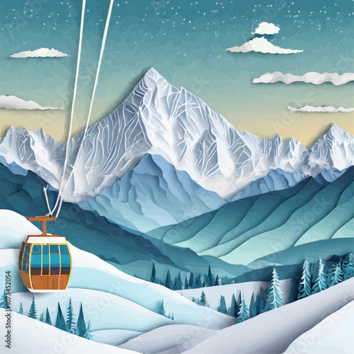 Téléphérique sur montagnes enneigées avec ciel étoilé en découpage de papier
