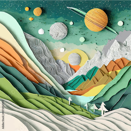Paysage de montagnes et planètes dans l’espace en découpage de papier
