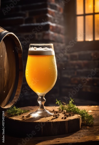 chilled sparkling craft beer bubbles glass amidst rustic background, amber, carbonation, drink, frothy, golden, brewery, pint, refreshing, beverage, malt photo