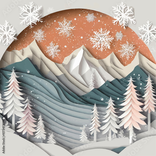 Forêt enneigée avec montagnes et gros flocons de neige en découpage de papier
