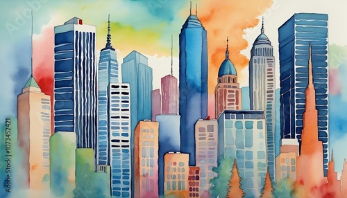 Lively Watercolor Depiction of Modern Metropolises for World Cities Day #1073452421