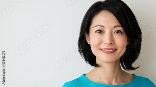 Woman with a short haircut and a blue shirt is smiling. She looks happy and confident. Concept of positivity and self-assurance