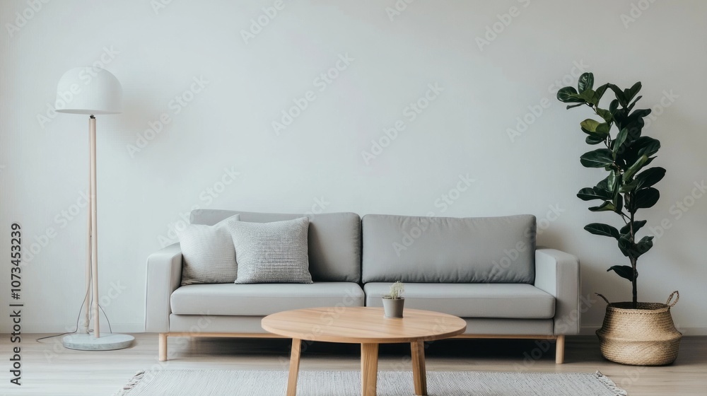 A Minimalist Living Room with a Grey Sofa, Wooden Coffee Table, and a Plant in a Wicker Basket A Minimalist Living Room with a Grey Sofa, Wooden Coffee Table, and a Plant in a Wicker Basket