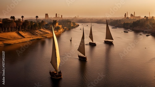 Egypt a dramatic shot of the nile river at dawn with traditional felucca boats sailing past ancient, AI generated