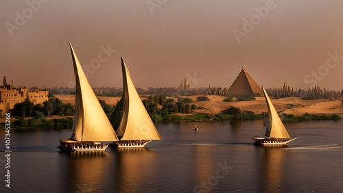 Egypt a dramatic shot of the nile river at dawn with traditional felucca boats sailing past ancient, AI generated