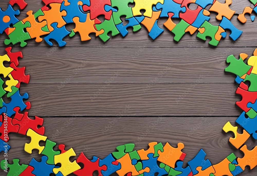 Vibrant Puzzle Pieces Enclosing 'Autism' on Wood: Celebrating World Autism Awareness Day and Emphasizing Understanding and Acceptance