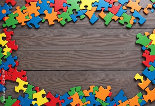 Obraz na płótnie Vibrant Puzzle Pieces Enclosing 'Autism' on Wood: Celebrating World Autism Awareness Day and Emphasizing Understanding and Acceptance w salonie