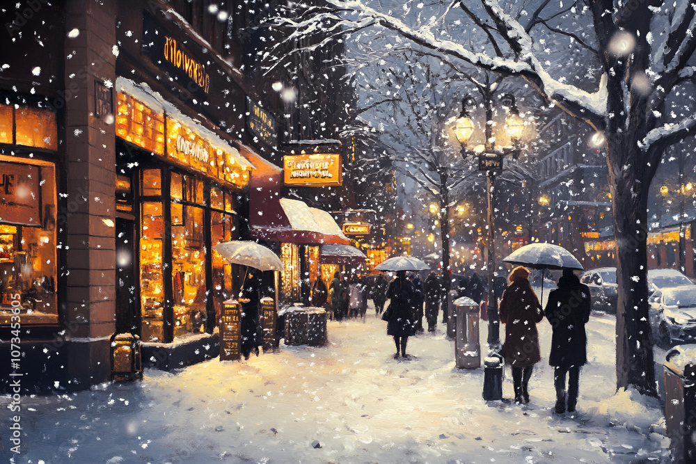 Fototapeta premium A bustling city street after a fresh snowfall, with pedestrians in winter coats and umbrellas.