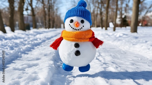 Snowman with a blue hat and orange scarf is standing in the snow. The snowman is smiling and he is happy