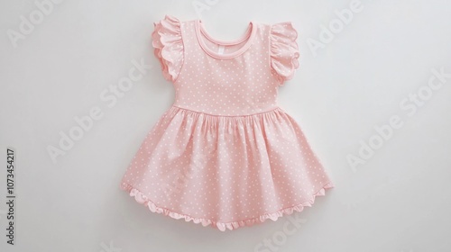 Pink baby dress with polka dots and frills, white background