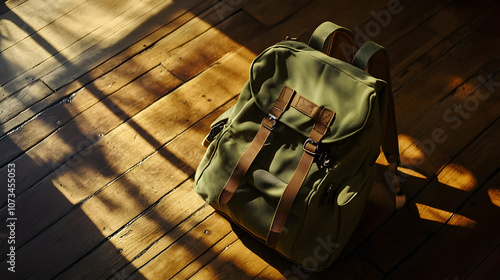 A forest-green backpack with brown leather straps, photographed under soft natural light on a wooden floor for an earthy and outdoorsy aesthetic.
