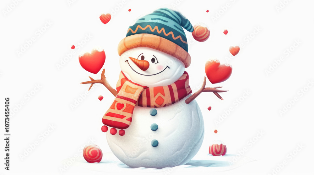 A smiling snowman dressed in a red scarf and decorated with a bright button in the center of the front, on a white background. A smiling snowman dressed in a red scarf and decorated with a bright button in the center of the front, on a white background.