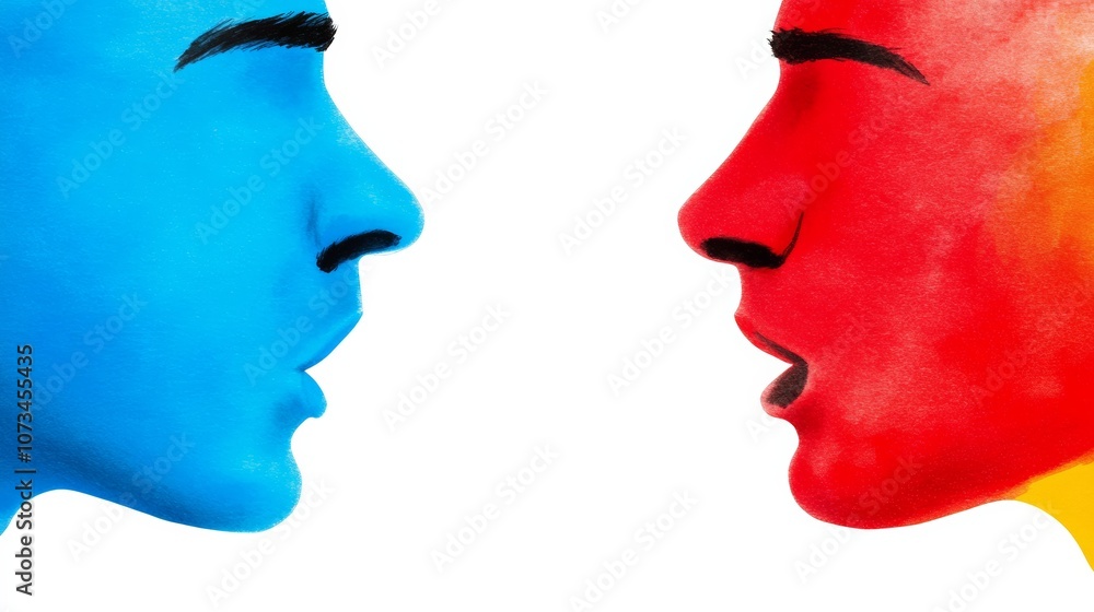 Two faces with blue and red paint on them, one is blue and the other is red. The blue face is speaking and the red face is listening Two faces with blue and red paint on them, one is blue and the other is red. The blue face is speaking and the red face is listening