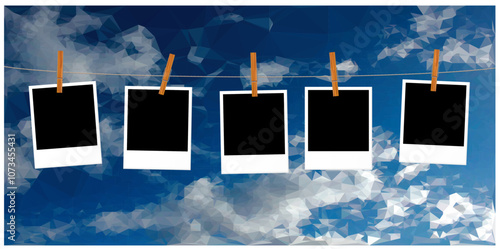five photos on rope with wooden clips and low poly clouds in background