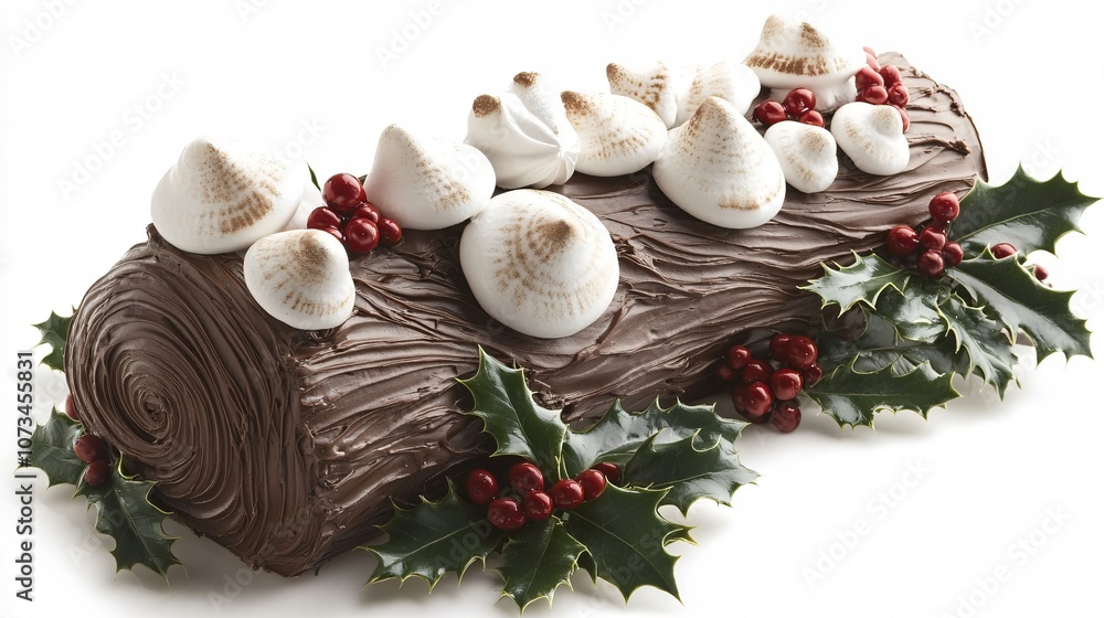 French Buche de Noel (Yule Log Cake) with chocolate icing and decorative meringue mushrooms, surrounded by holly leaves French Buche de Noel (Yule Log Cake) with chocolate icing and decorative meringue mushrooms, surrounded by holly leaves