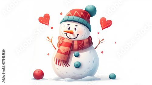 A smiling snowman dressed in a red scarf and decorated with a bright button in the center of the front, on a white background.