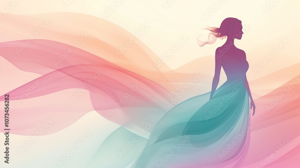 Digital Artwork of Woman in Flowing Pink Dress, Ethereal Desert Setting with Gradient Background Digital Artwork of Woman in Flowing Pink Dress, Ethereal Desert Setting with Gradient Background