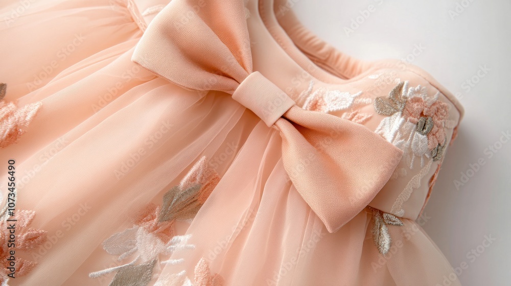 Soft baby dress in peach with floral details and bow, isolated on white Soft baby dress in peach with floral details and bow, isolated on white
