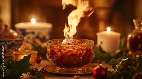 Irish Christmas pudding with flaming brandy, presented in a festive setting with holly and candles photo