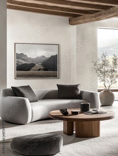 Modern Living Room Interior with Curved Sofa, Wooden Coffee Table, and Mountain Landscape Print photo