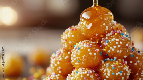 Italian struffoli honey balls piled high, drizzled with honey and decorated with colorful sprinkles